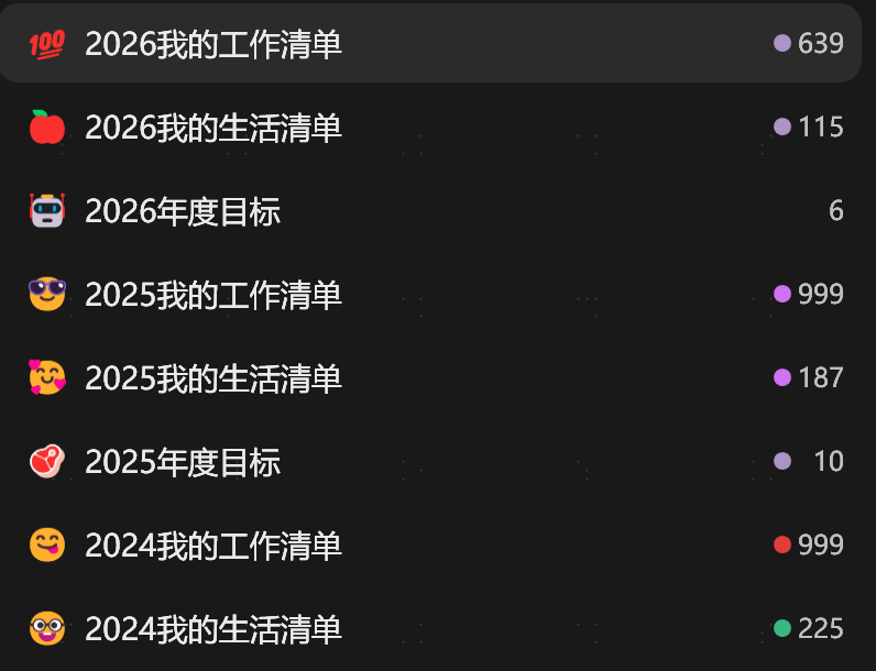 日常使用的待办清单,2024、2025 年工作清单计数停在 999